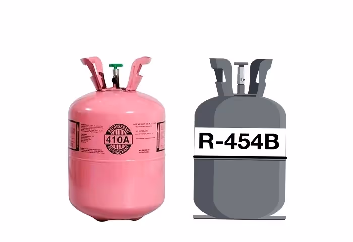 Two refrigerant gas cylinders, pink R-410A and gray R-454B