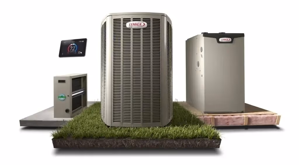 Lennox HVAC system with air conditioner, furnace, thermostat on grass