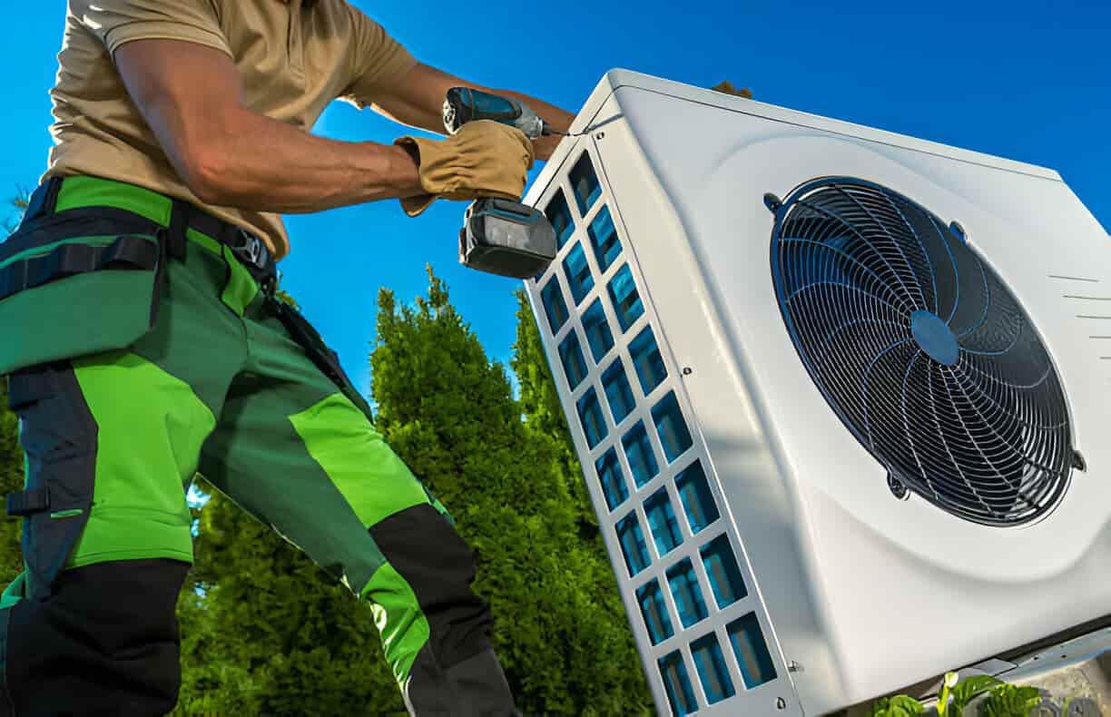 Technician in green outfit repairing outdoor air conditioning unit