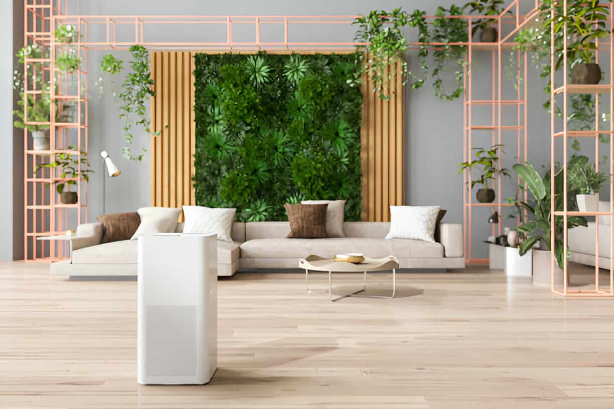 Modern living room with green vertical garden and white furniture