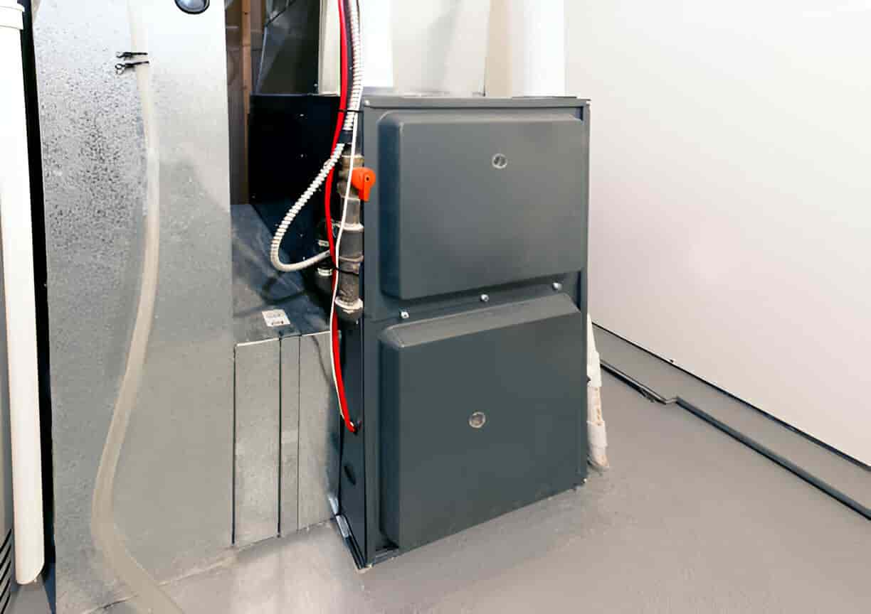 Industrial electrical box with red cable mounted on gray wall