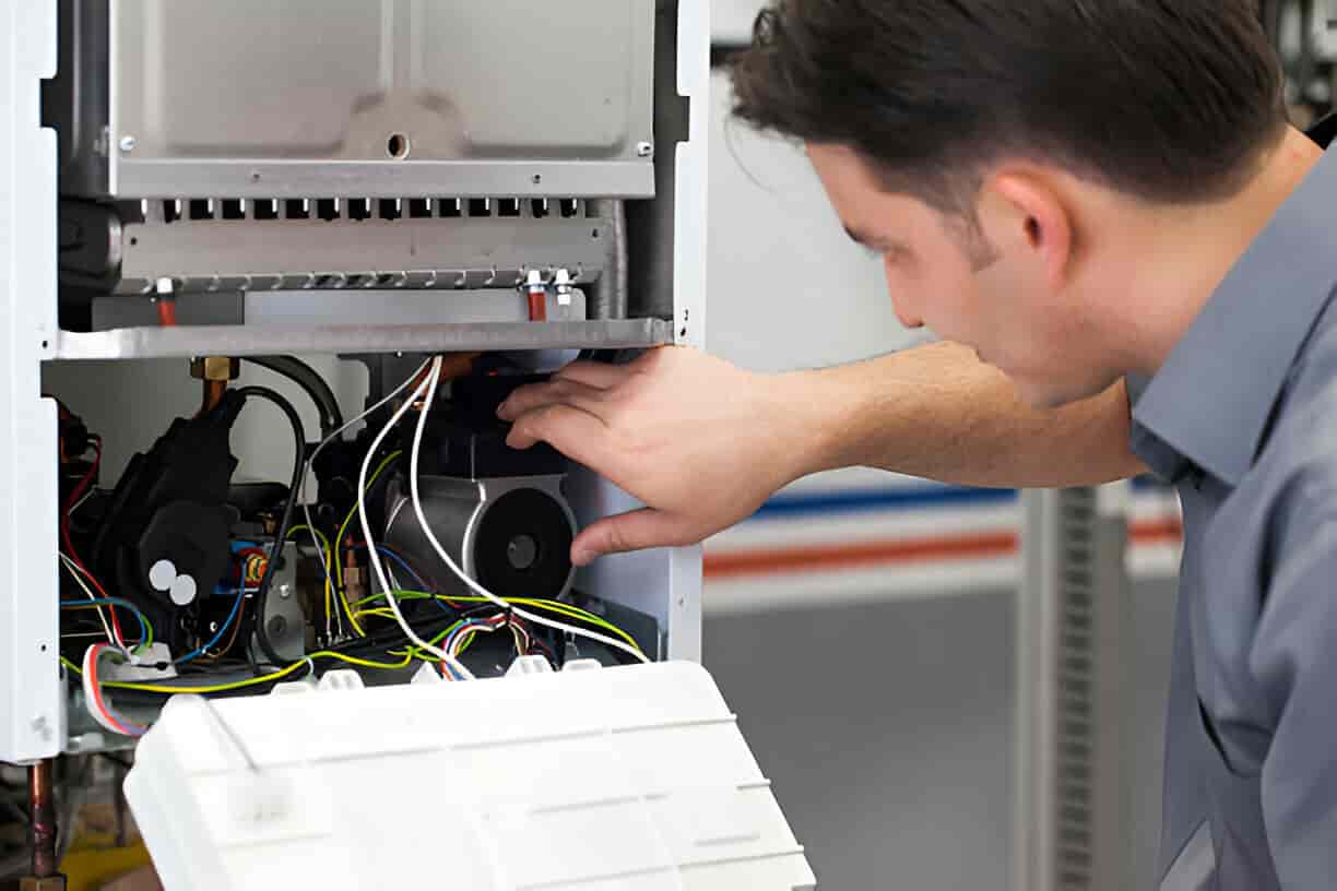 Technician repairing electrical wiring inside an industrial control panel