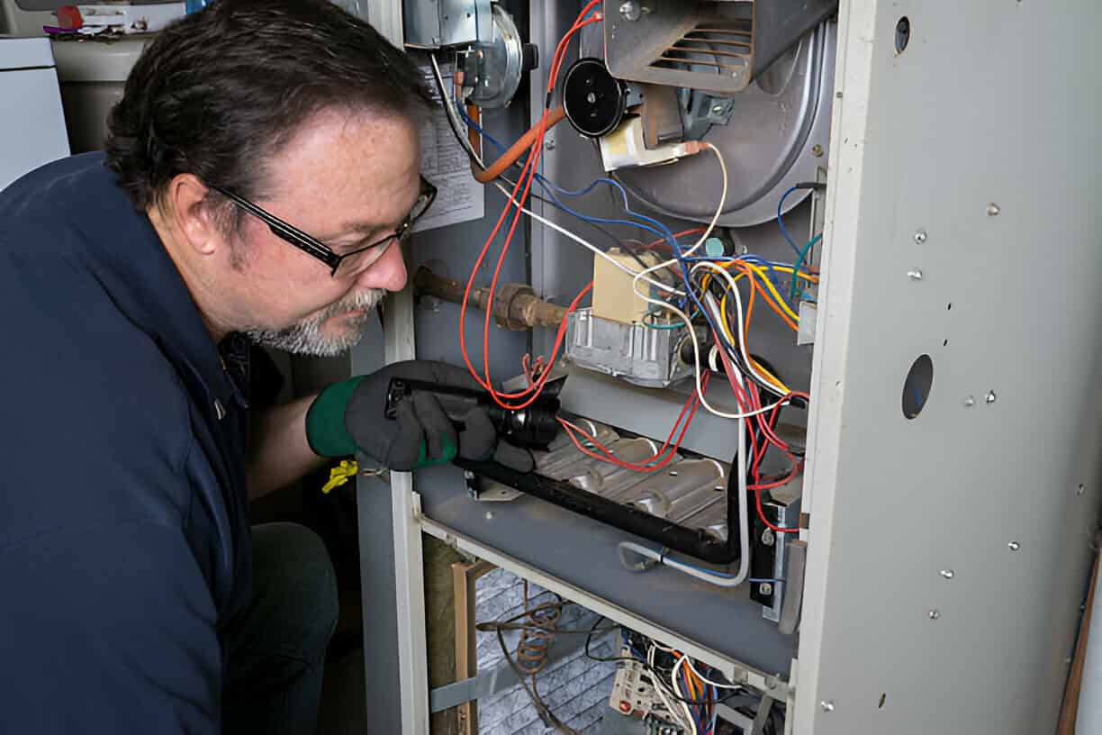 "Technician repairing an HVAC furnace system"