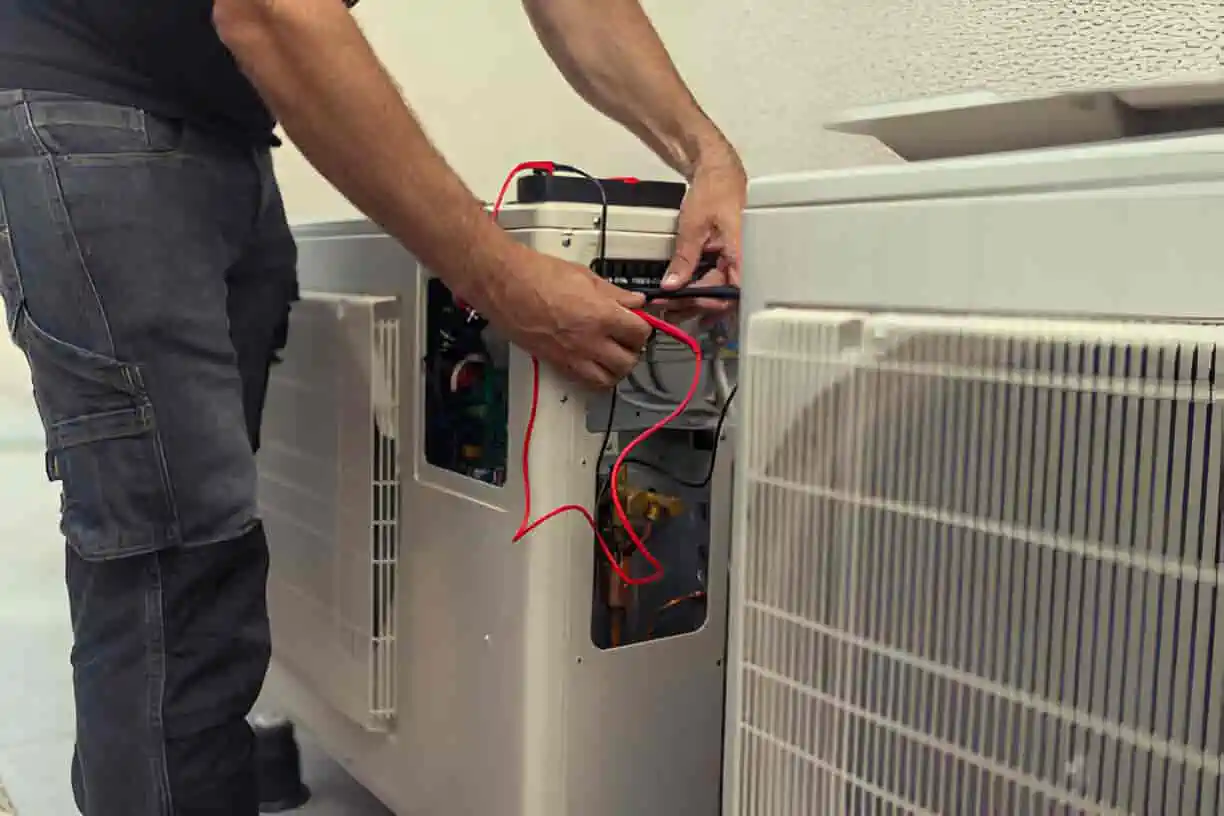 Technician repairing air conditioning unit with red electrical wires