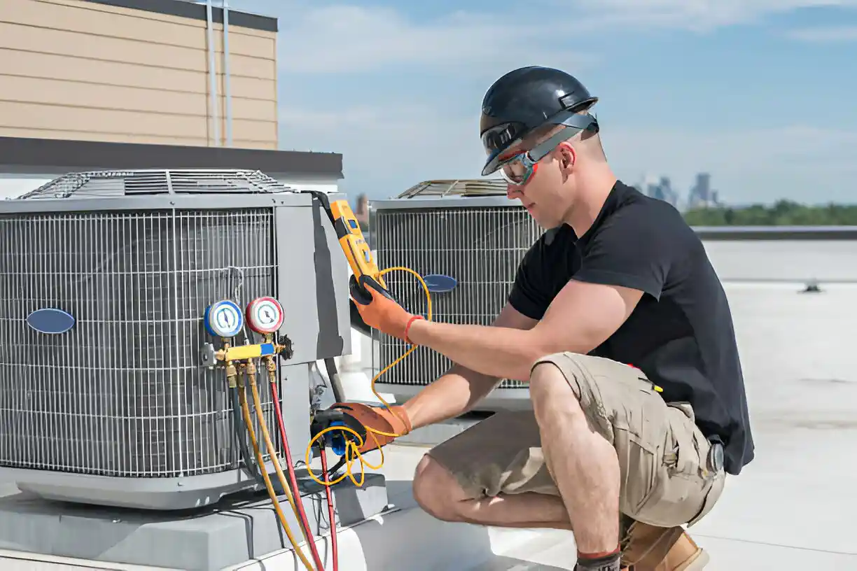 HVAC technician checks rooftop air conditioning unit with diagnostic tools