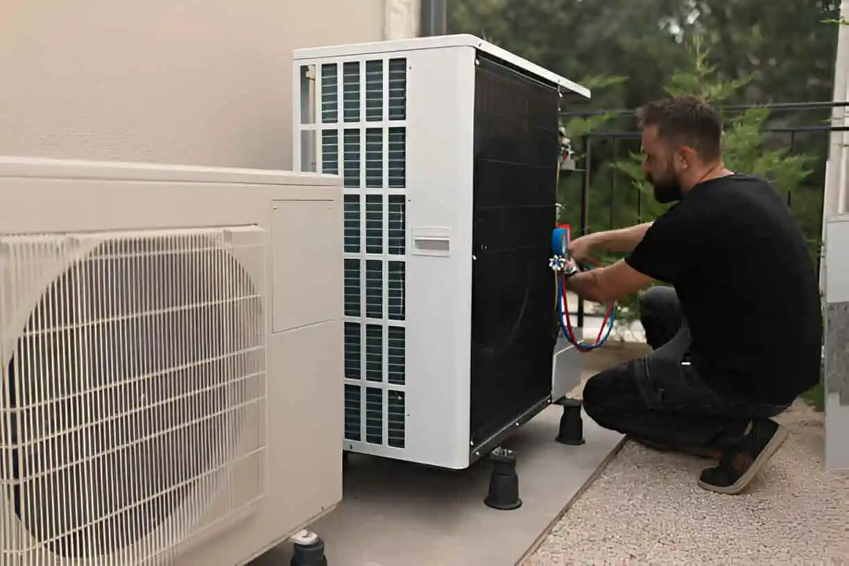 Technician servicing outdoor air conditioning units with refrigerant lines