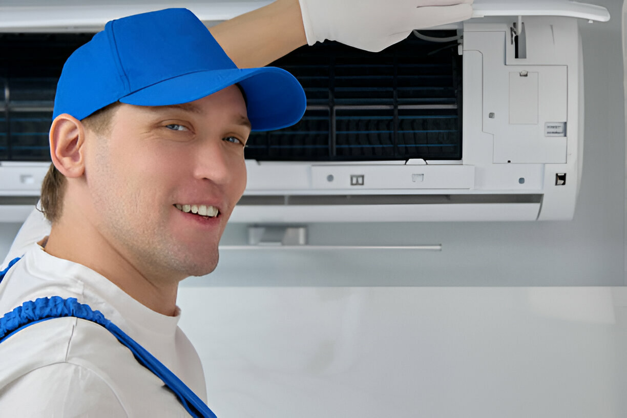 Smiling technician in blue cap servicing an air conditioning unit