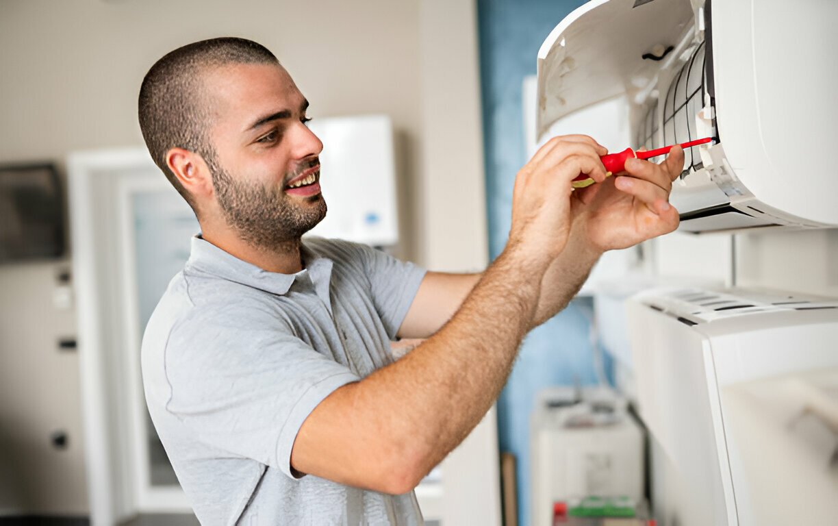 Technician fixing air conditioning unit with red screwdriver