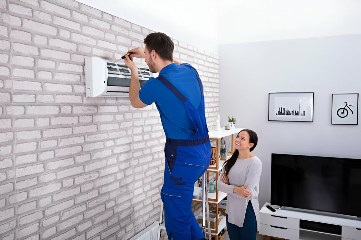 Technician in blue uniform installing air conditioner while homeowner watches