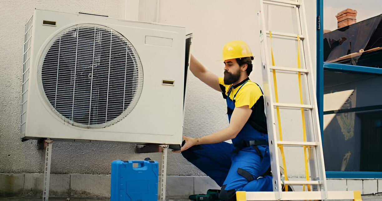 Technician in hard hat repairing air conditioning unit with ladder nearby