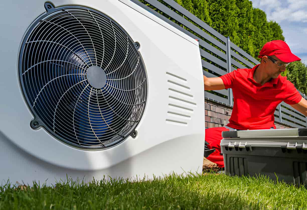 Technician in red installing outdoor air conditioning unit near green grass