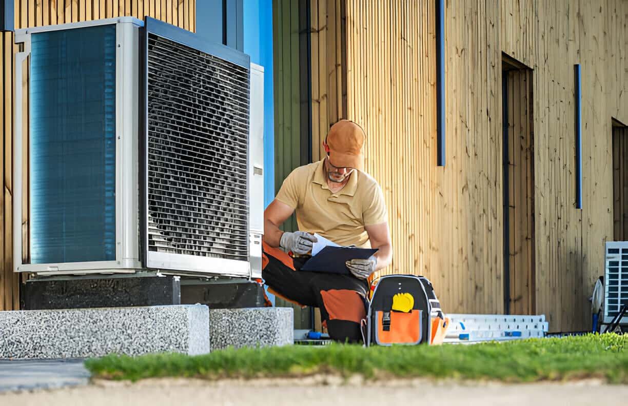 Technician working on heat pump near wooden building with tools
