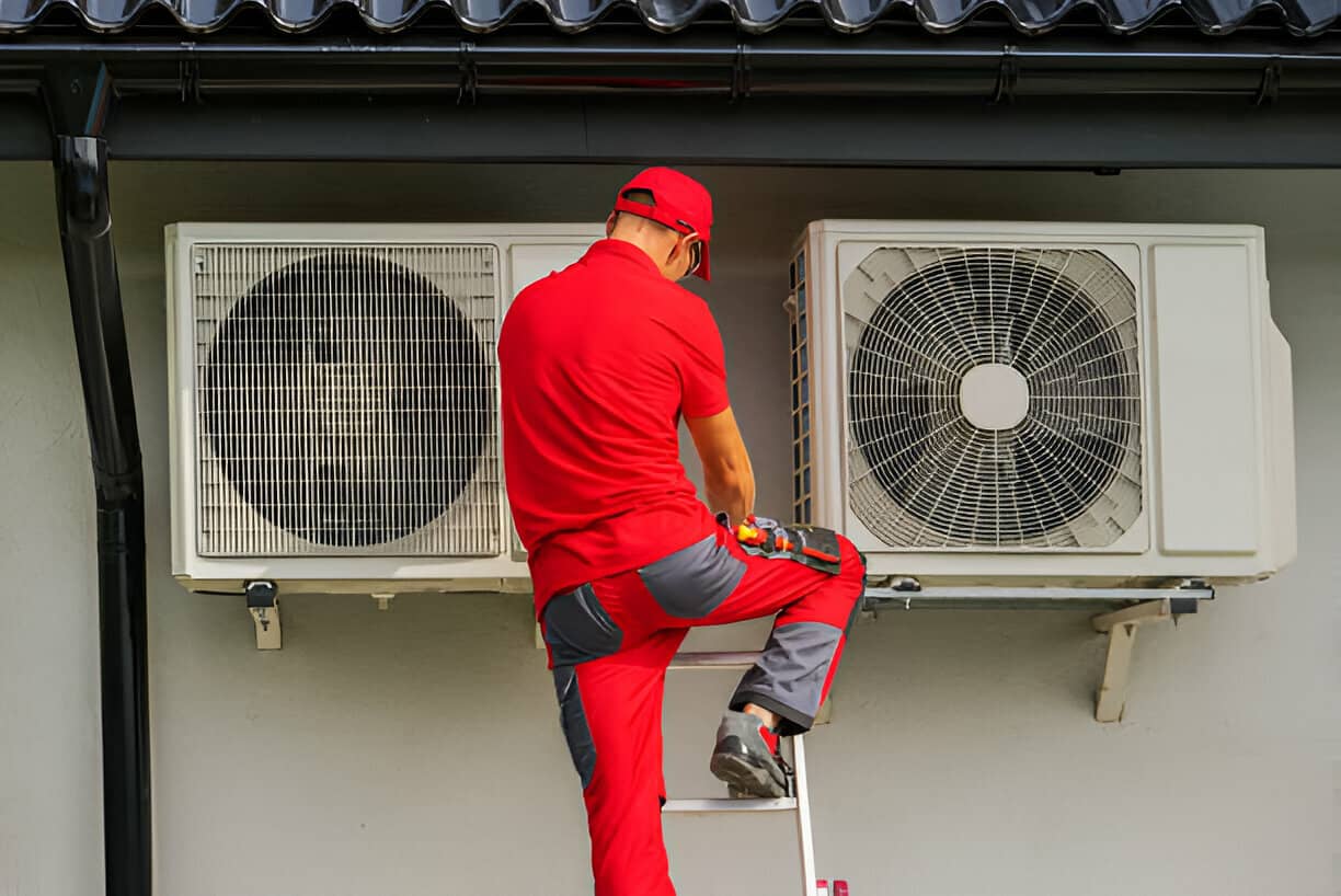 Technician in red uniform repairing air conditioning unit on wall