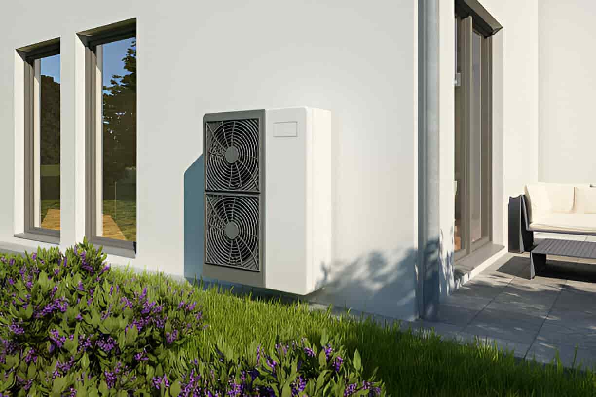 Modern heat pump outside white building with lavender bushes and windows
