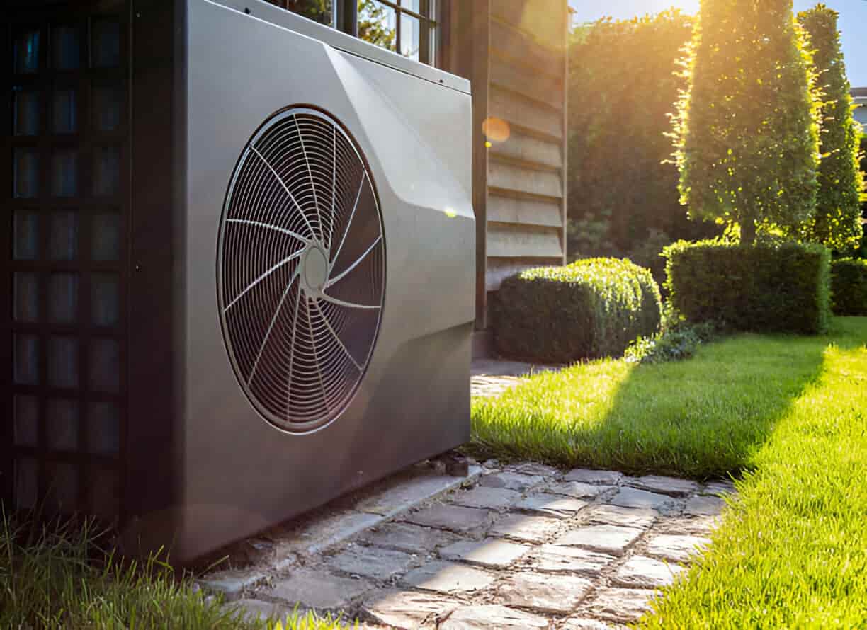 Modern heat pump unit installed outside home with sunny garden backdrop
