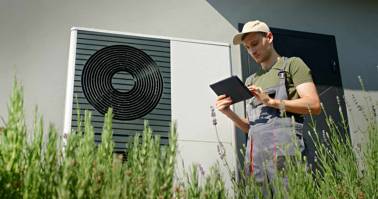 Technician checking heat pump near lavender plants with tablet