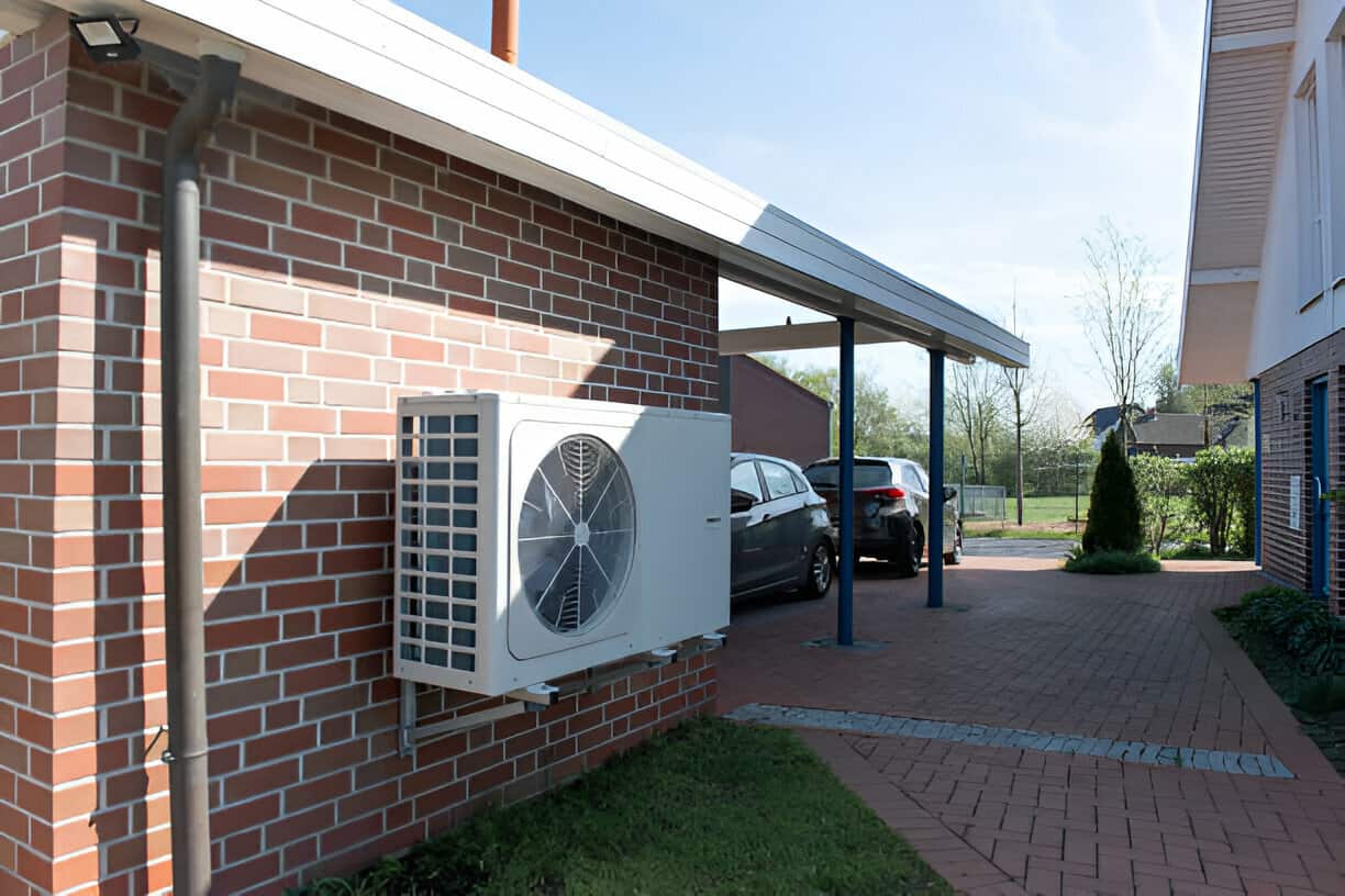Heat pump mounted on brick wall near carport with parked cars