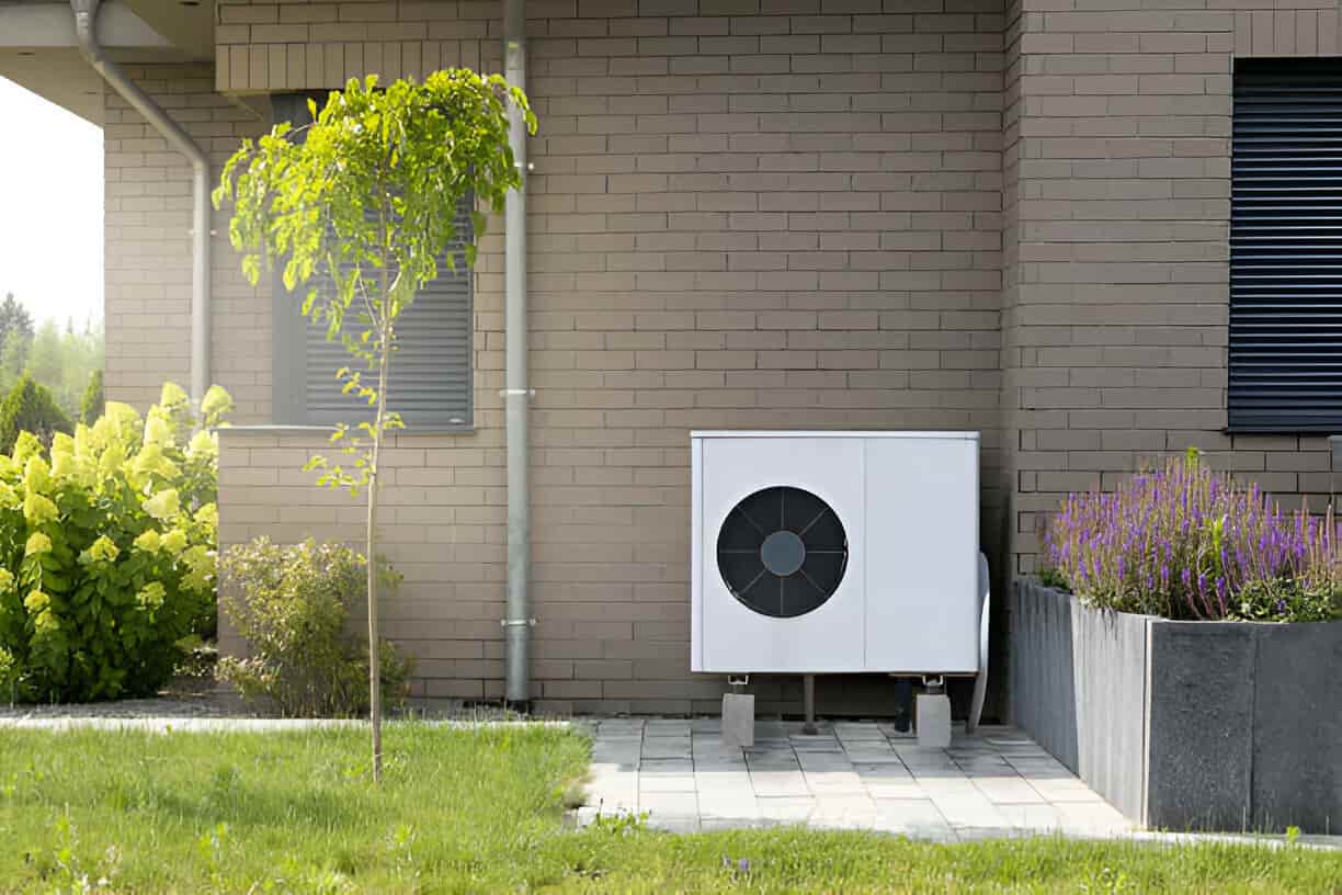 Modern heat pump installed outside brick house with landscaped garden