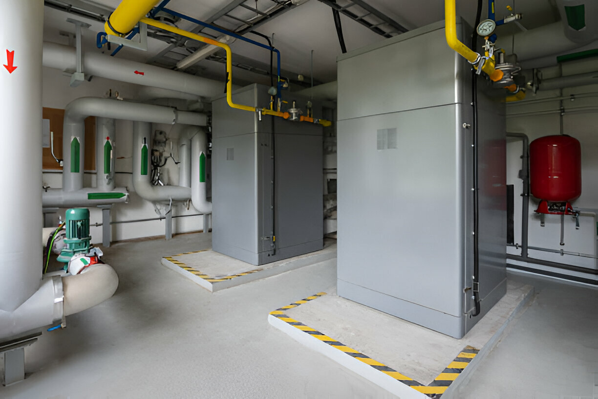 Industrial mechanical room with pipes, valves, and yellow safety markings