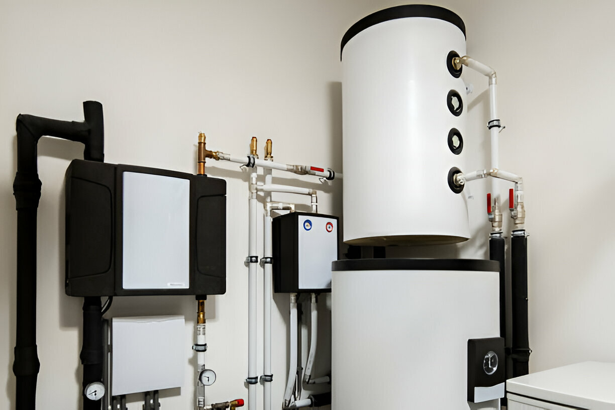 Residential heating system with water tank and control panels