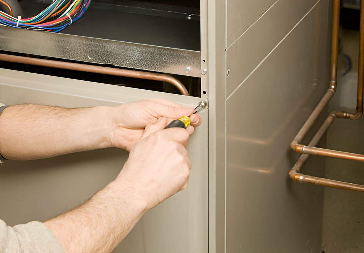 Technician using screwdriver to repair electrical panel with copper pipes