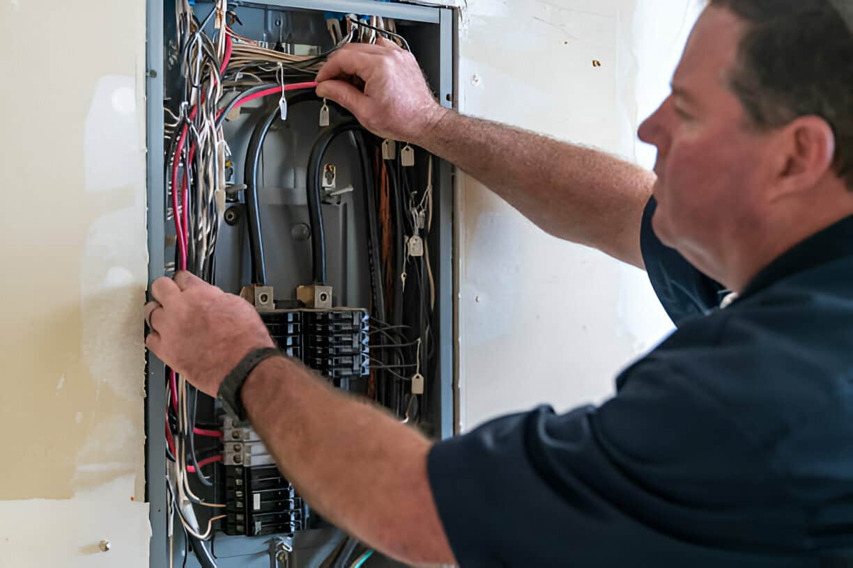 Electrician working on electrical panel with exposed wires and circuit breakers