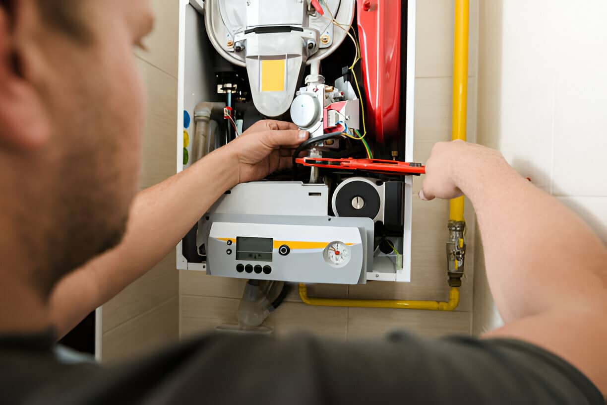 Technician repairing and adjusting internal components of a heating system