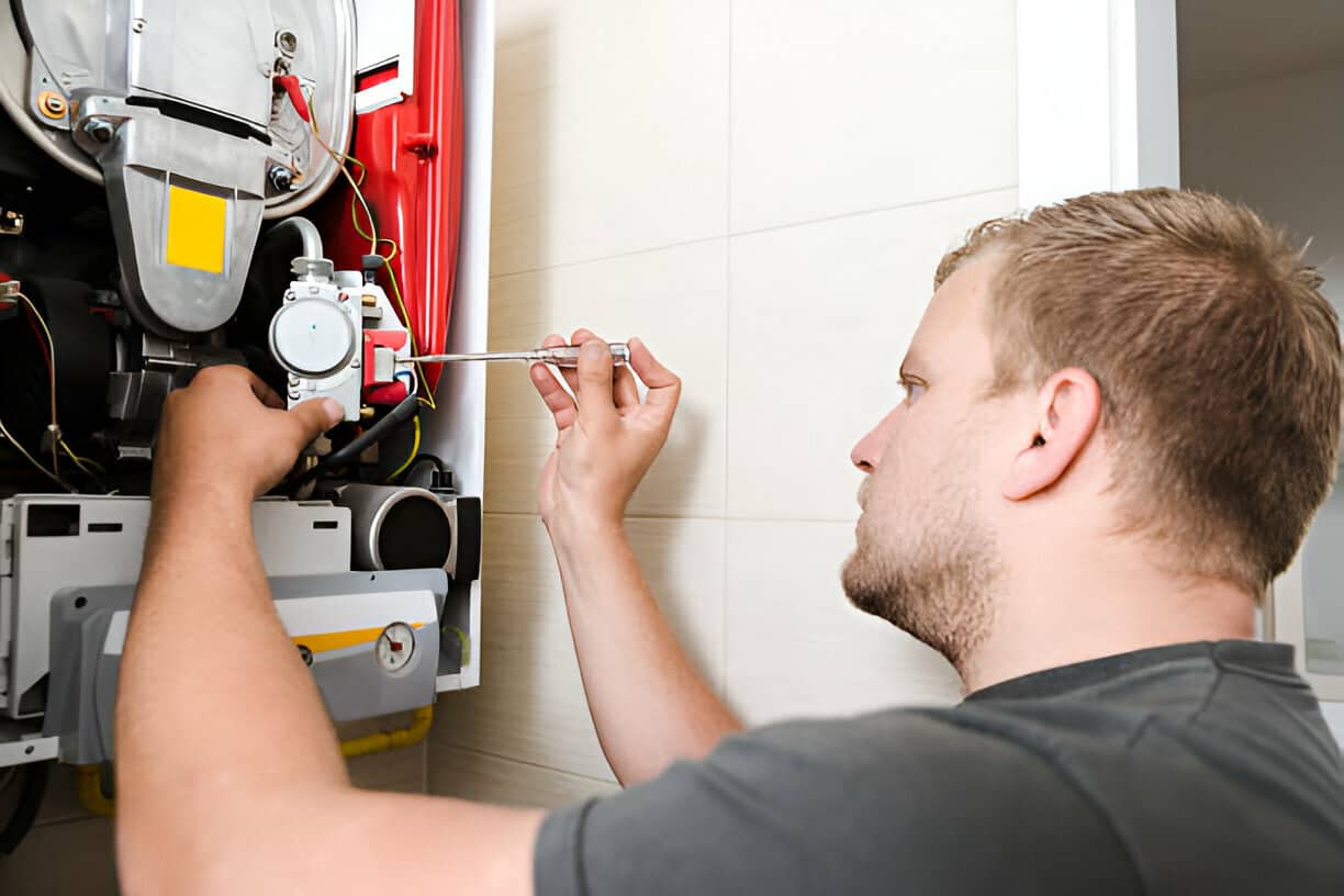 Technician repairing electrical panel with screwdriver in residential setting