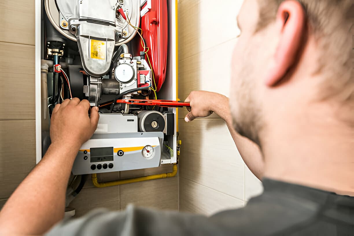Technician repairing internal components of a wall-mounted heating system