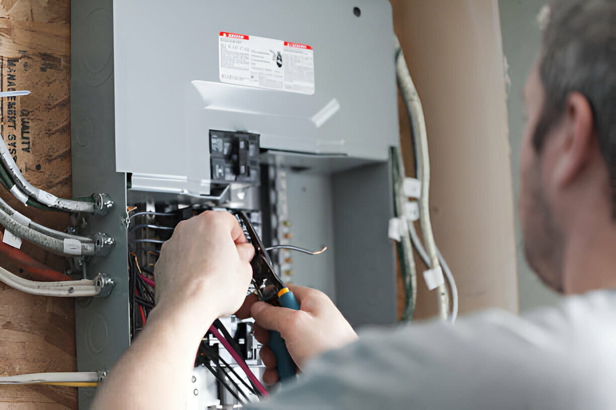 Electrician working on electrical panel with screwdriver and exposed wires
