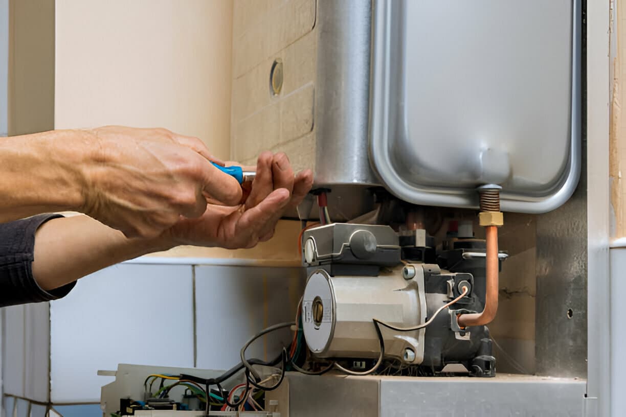Technician repairing water heater with blue-handled screwdriver