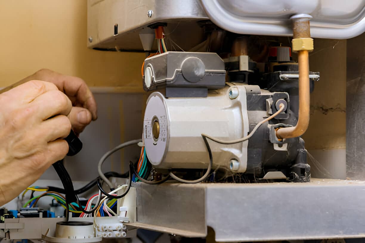 Technician inspecting electrical wiring and components of industrial machinery