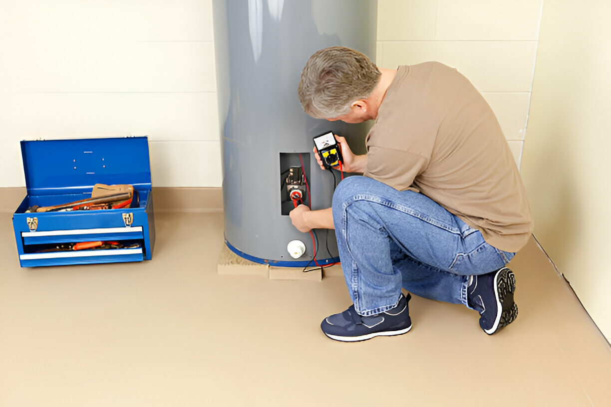 Technician checking water heater with multimeter and toolbox nearby