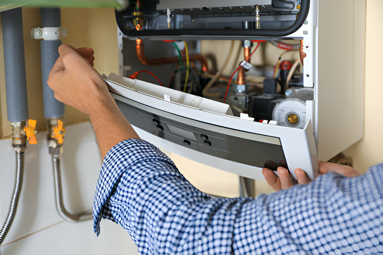 Technician repairing a boiler or heating system with pipes and wiring
