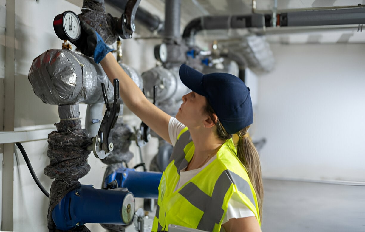 Worker in safety vest inspects industrial pipes and pressure gauges