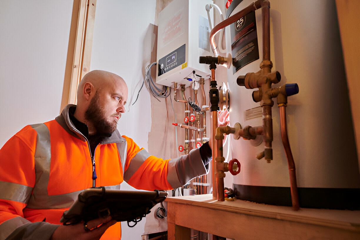 Technician in orange vest checking pipes and electrical equipment