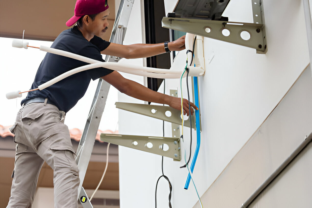 Technician on ladder installing cables and wiring on wall-mounted brackets