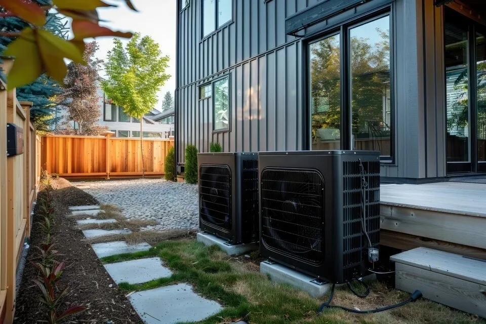 Two air conditioning units outside a modern building.