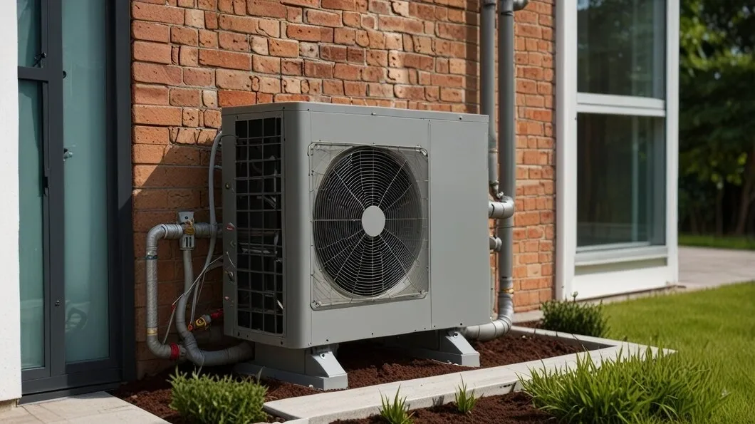 An outdoor heat pump unit next to a brick building.