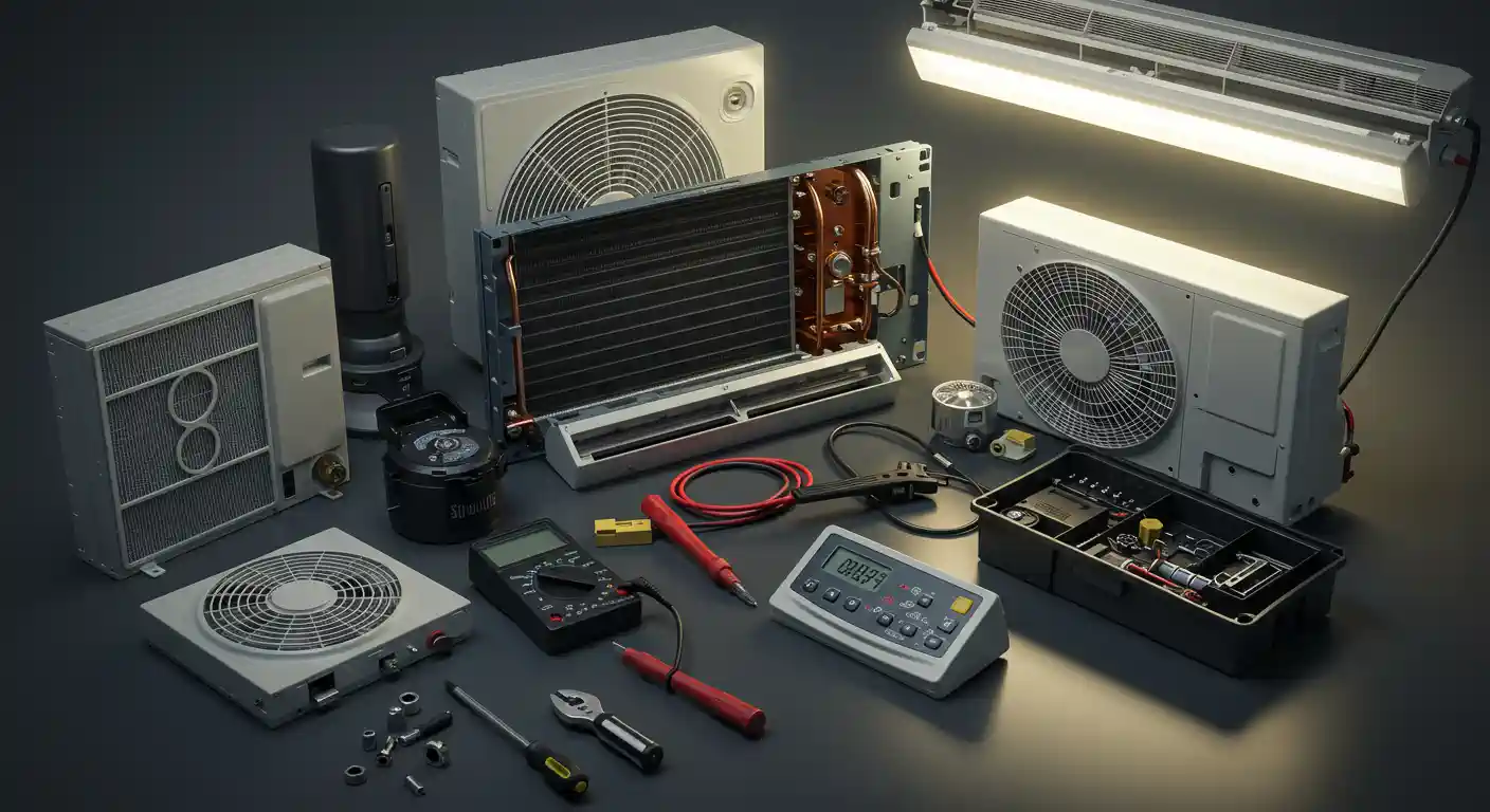 Air conditioning repair tools and components laid out on a dark surface
