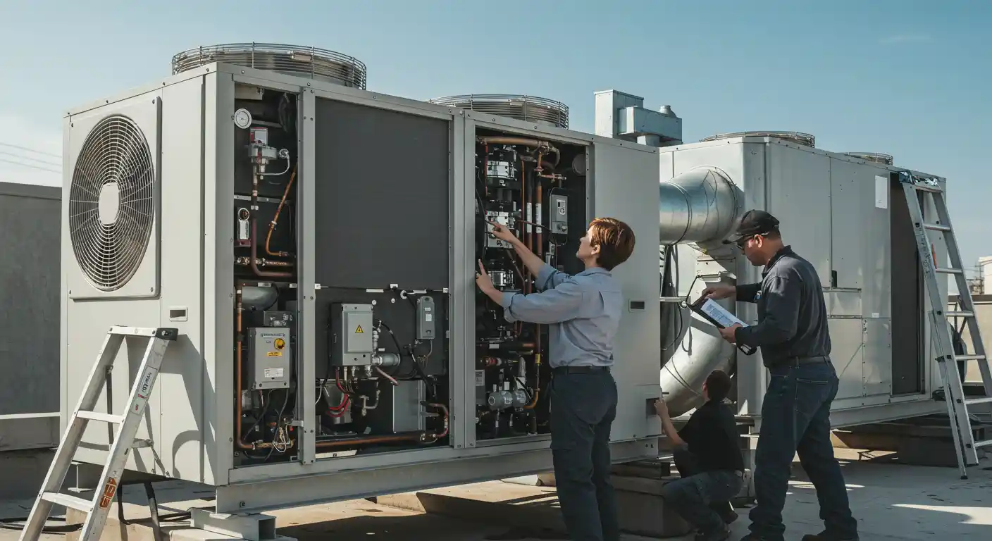 Technicians inspecting and maintaining large commercial HVAC system on rooftop