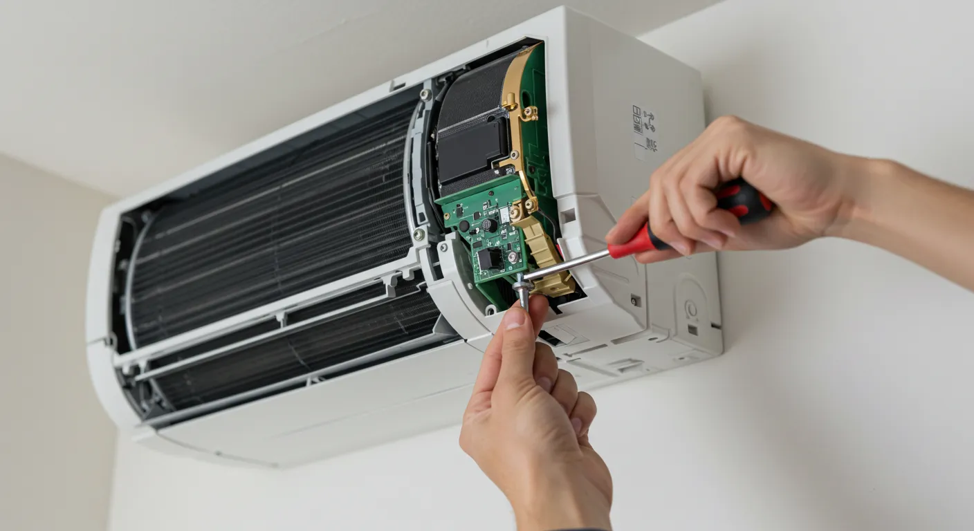 Hands repairing an air conditioning unit with a screwdriver