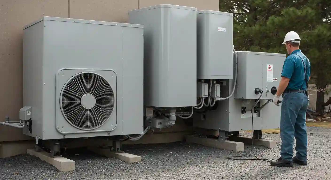 Technician inspecting large commercial HVAC units and air conditioning systems