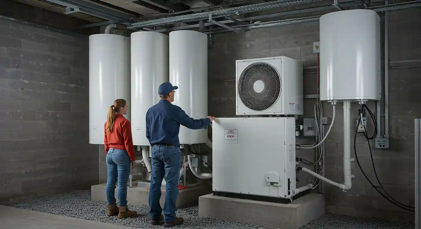Technician and worker inspect heat pump and water heaters in mechanical room