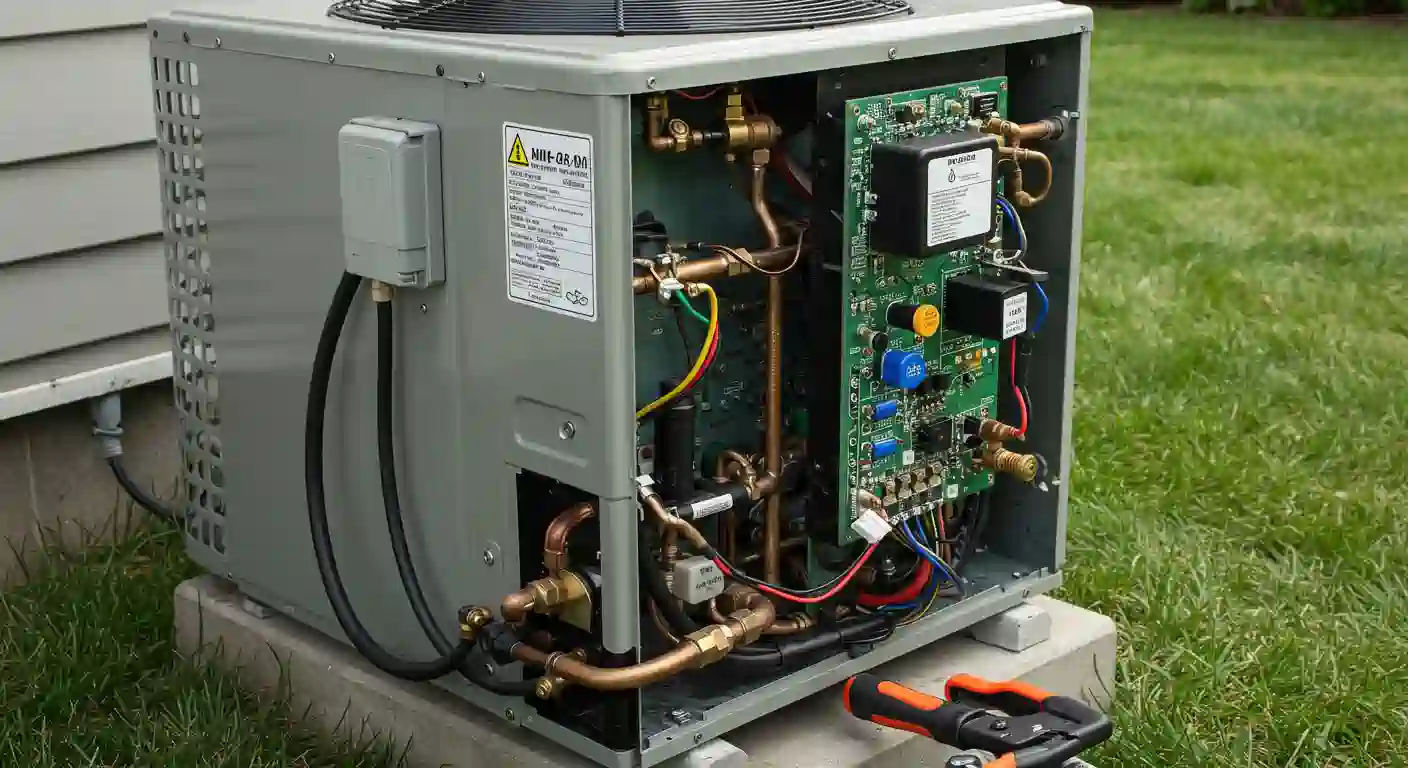 Open HVAC unit with copper pipes, circuit board, and electrical components