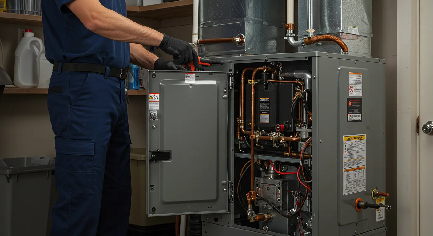 Technician in blue uniform repairing industrial heating system with copper pipes
