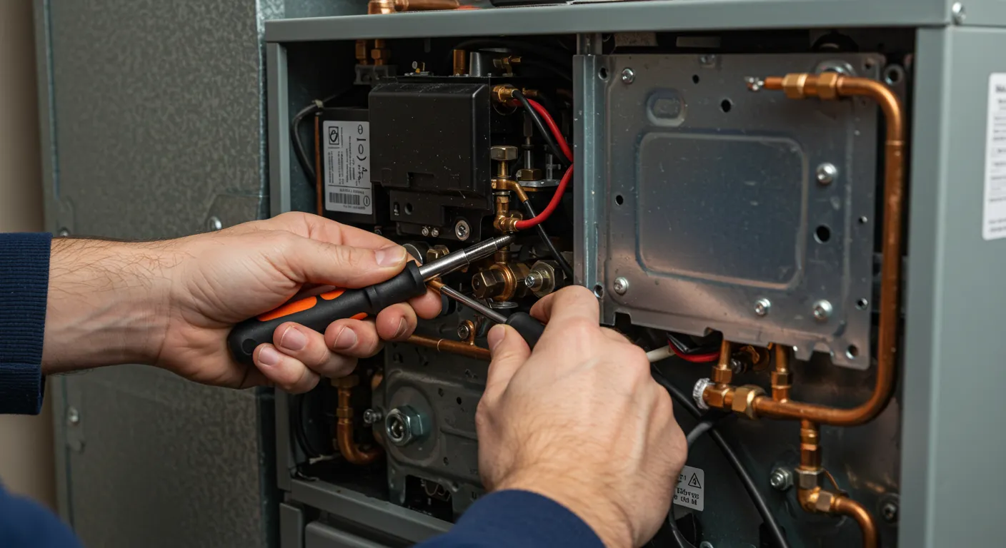 Technician repairing internal components of a heating system with a screwdriver