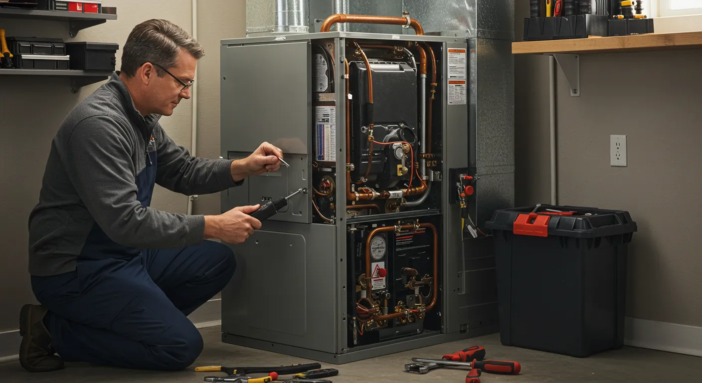 Technician repairing a residential heating system with tools nearby