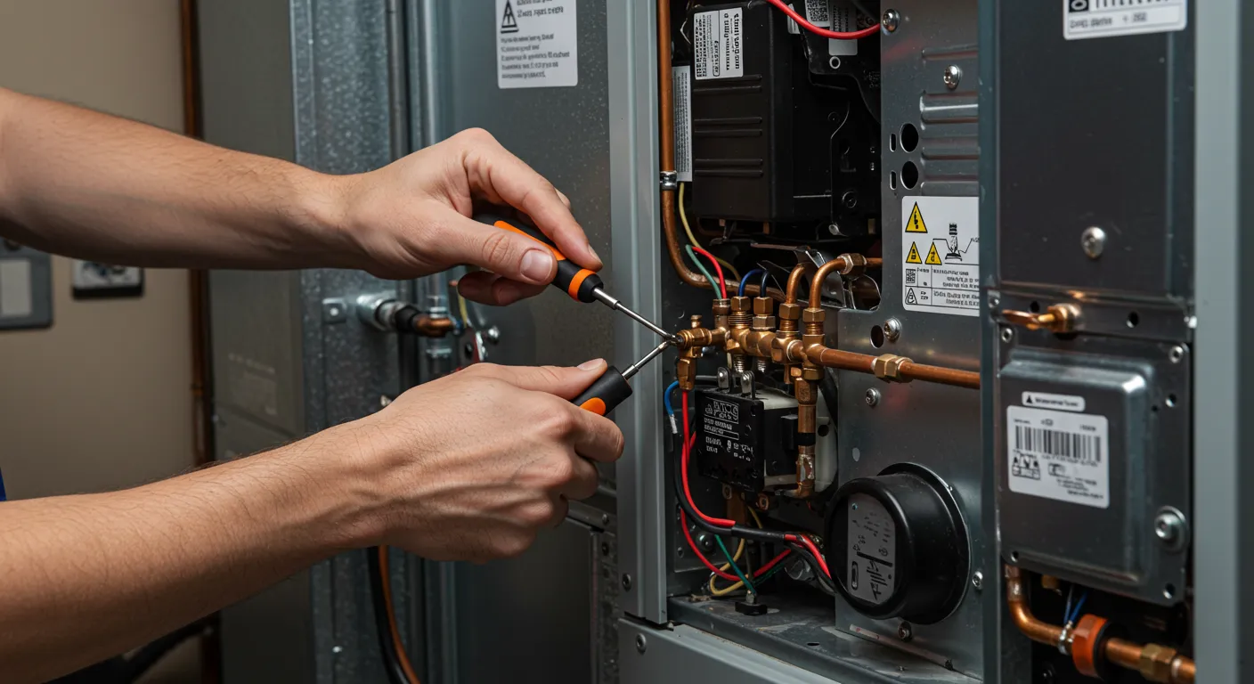 Technician repairing electrical system with screwdriver in industrial equipment