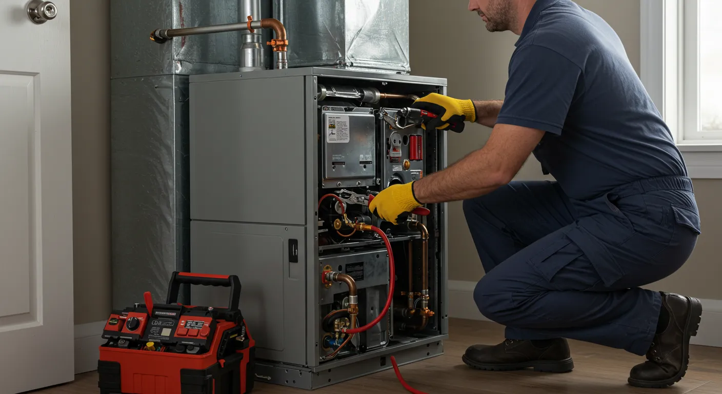 Technician in yellow gloves repairs heating system with diagnostic equipment